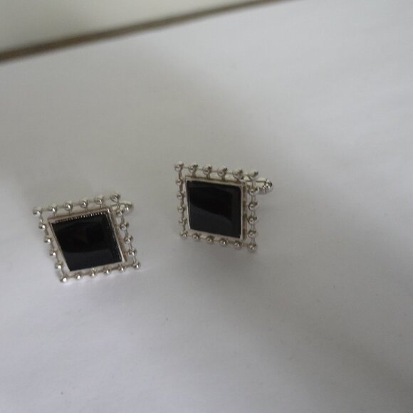 Vintage SWANK Onyx Jeweled Silver Tone Cufflinks - Picture 1 of 1